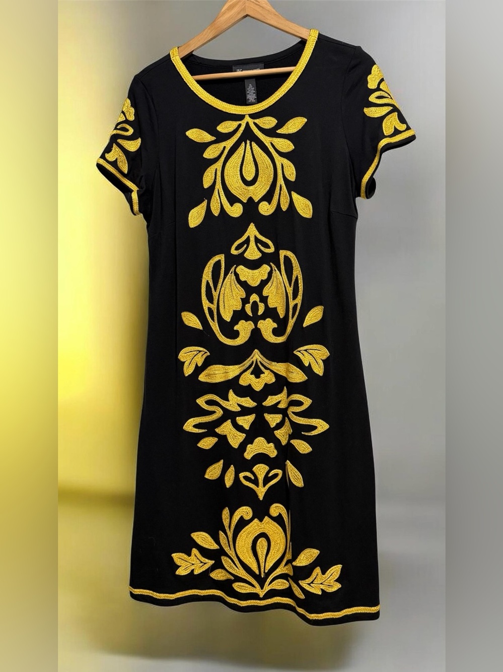 INC Black Short-Sleeve Dress Top with Gold Embroidered Motif Size XL